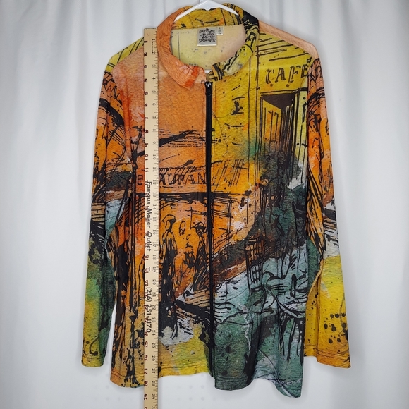 Parsley Sage Mesh Jacket Large Orange Stretch Abstract Cityscape Long Sleeve Art - Picture 9 of 11
